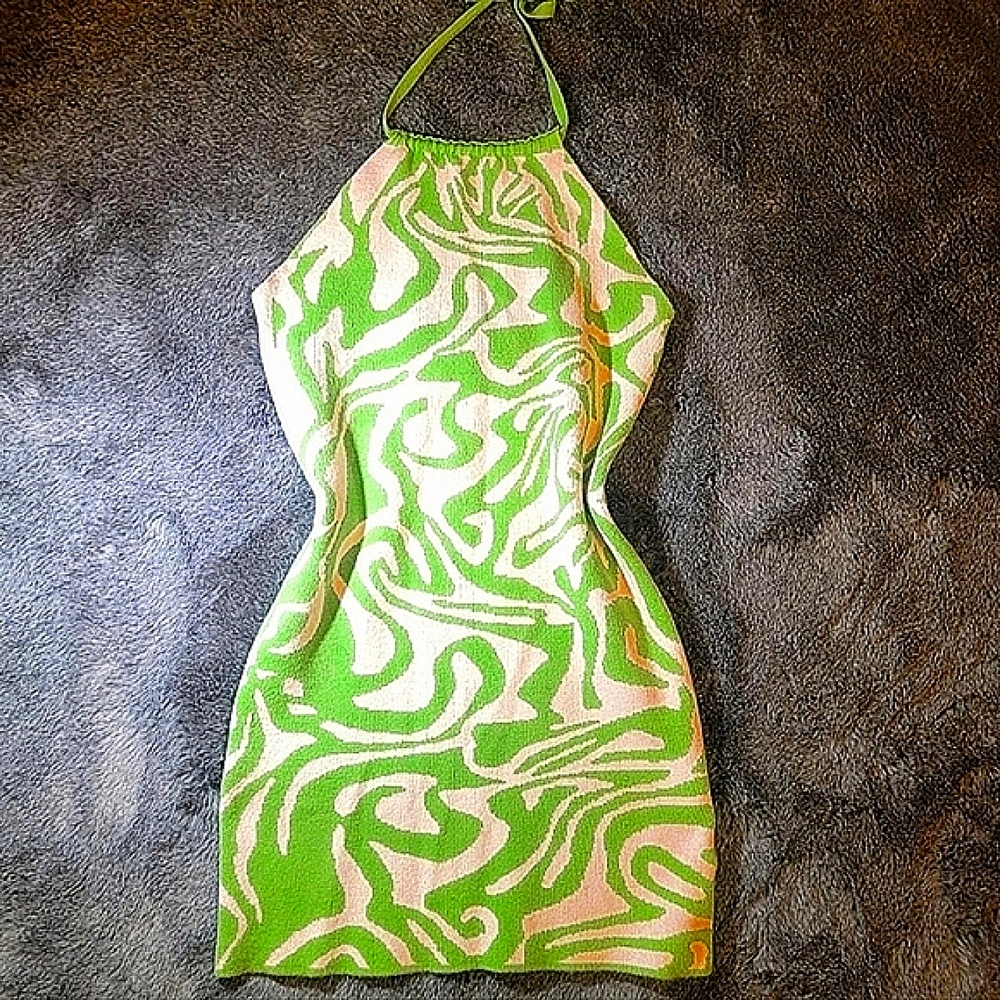 Love + Harmony Small Halter Mini Dress Green White Knit Retro